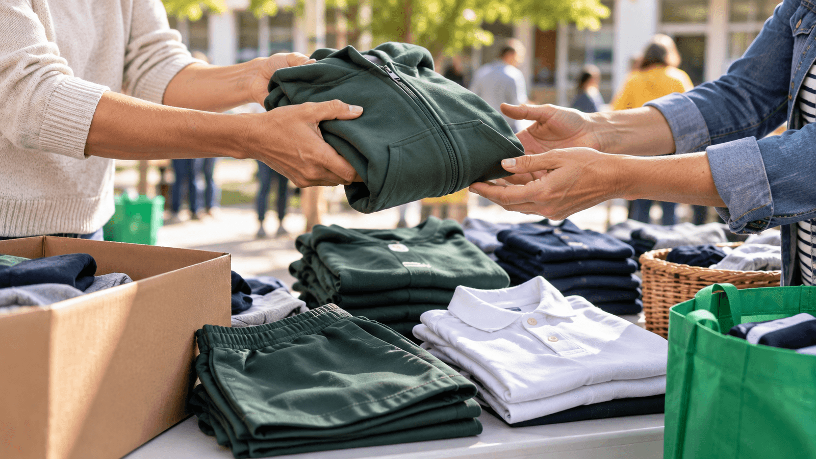 Manos intercambiando una sudadera y ropa escolar sobre una mesa